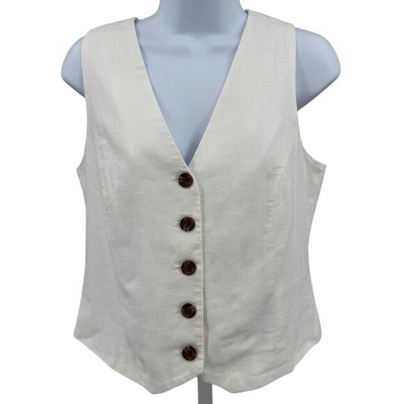 J.Crew Button Front Linen Blend Vest 6 White Sleeveless V-Neck Breathable Lined - Picture 3 of 11